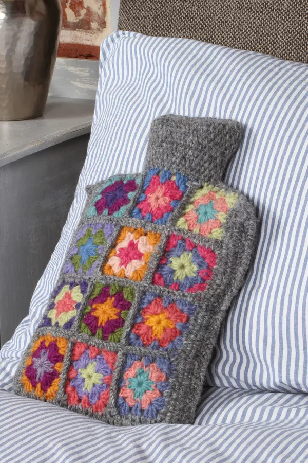 Bouillotte crochet cozy Granny Squares Woodstock 100% laine Pachamama Artisanat Equitable Solidaire