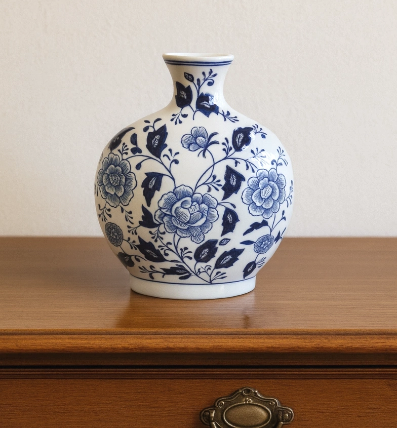 Vase déco rond bleu et blanc