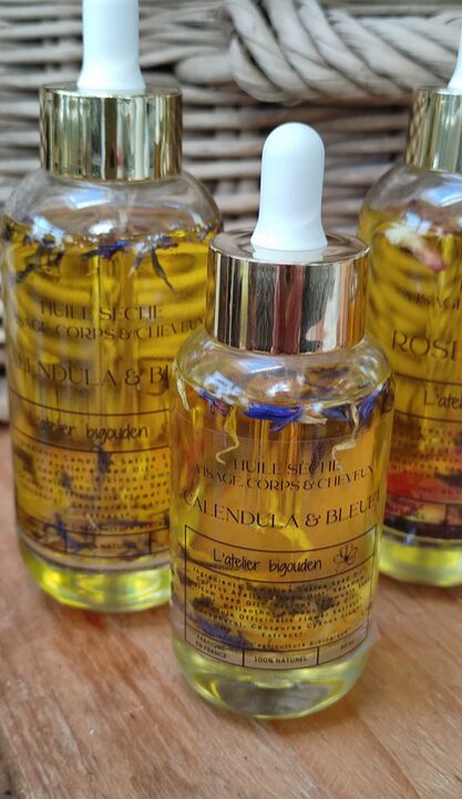 Huile sèche bio visage corps cheveux Atelier Bigouden Bretagne Calendula Bleuet Made in France