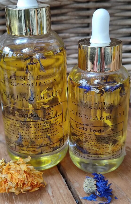 Huile sèche bio visage corps cheveux Atelier Bigouden Bretagne Calendula Bleuet Made in France