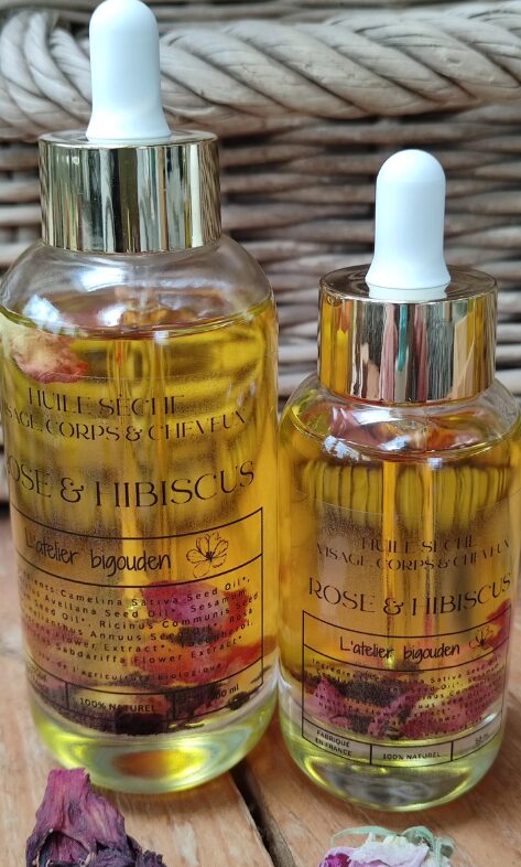 Huile sèche bio visage corps cheveux Atelier Bigouden Bretagne Rose Hibiscus Made in France
