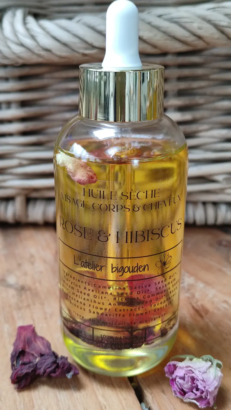 Huile sèche bio visage corps cheveux Atelier Bigouden Bretagne Rose Hibiscus Made in France