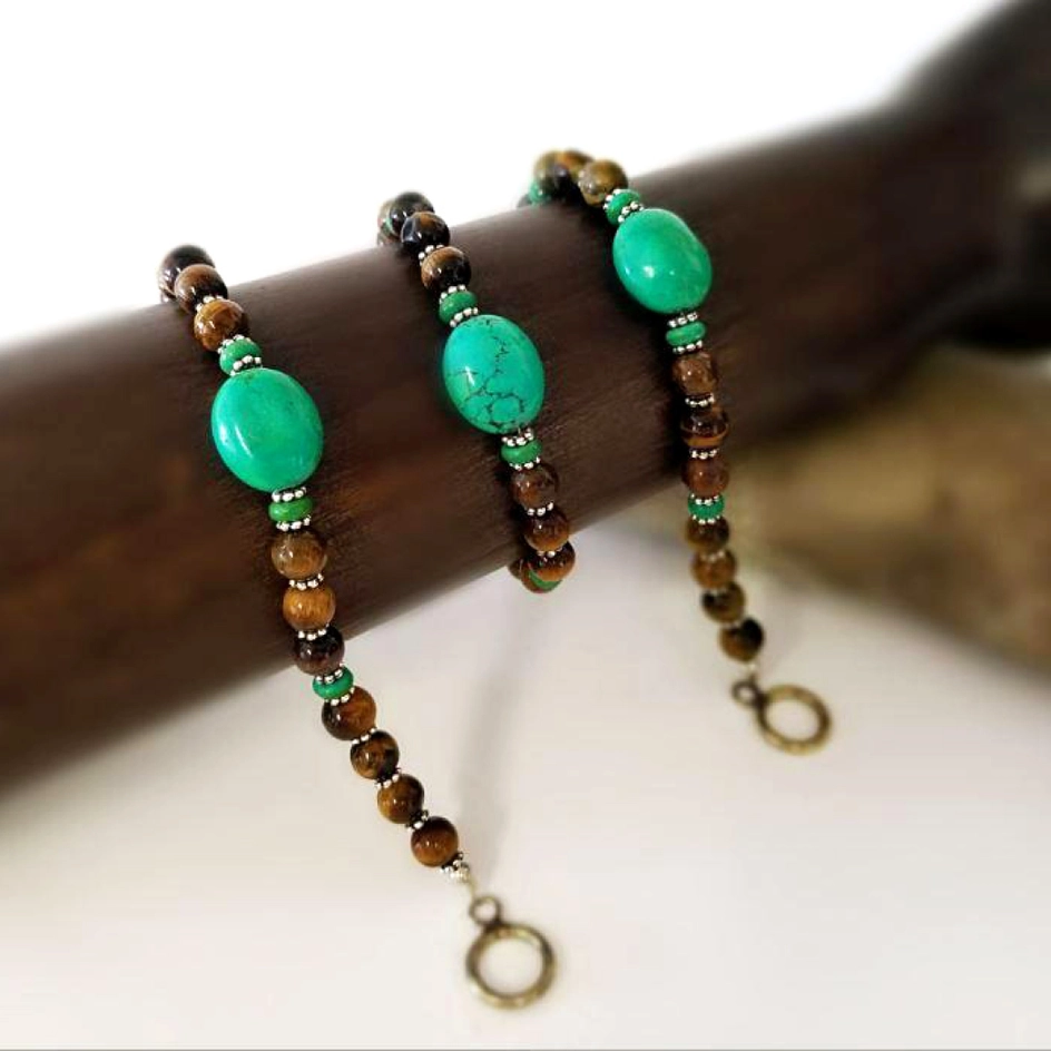 Bracelet en perles œil de tigre et turquoise Népal Artisanat Bijoux Pierres litothérapie