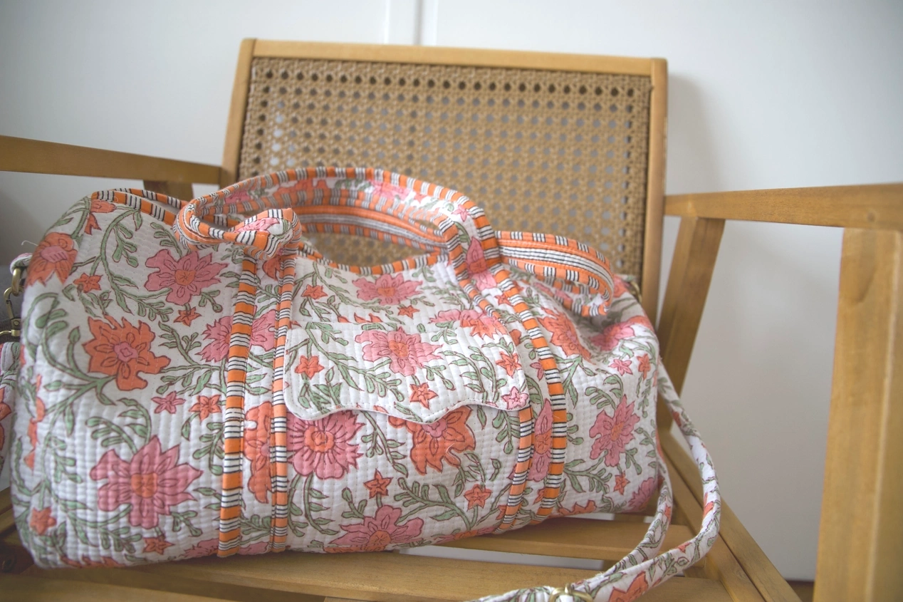 Sac Fleurs Voyage coton | Rose & orange