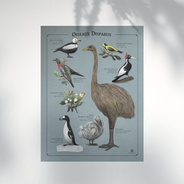 Affiche oiseaux disparus Marine Manlay Made in France Les Beroys