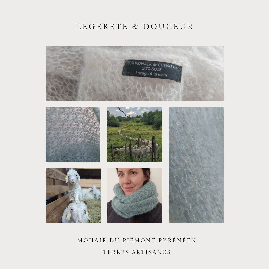 Snood Double Clair Turquoise Mohair Soie Piemont Pyreneen Made in France