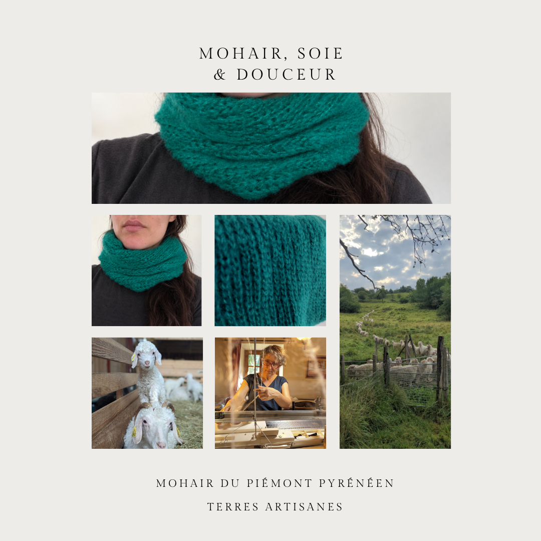 Snood vert emeraude Mohair Soie Piemont Pyreneen Made in France
