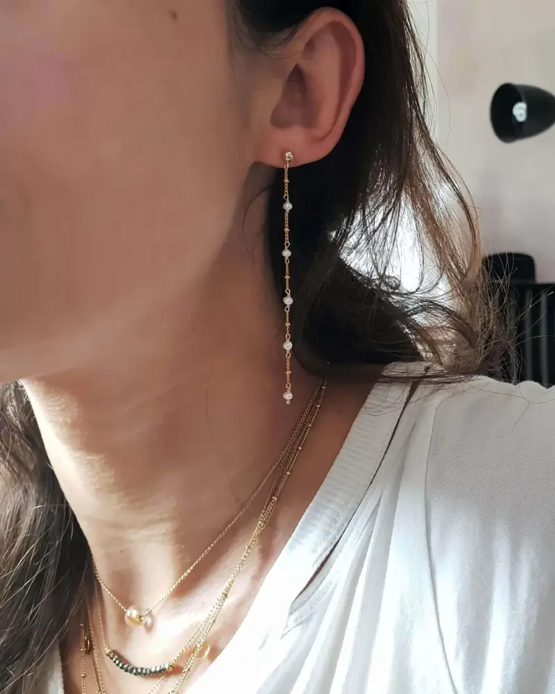 Boucles d'oreilles longues daphné Nacre Or Myo Jewel Made in France Nantes