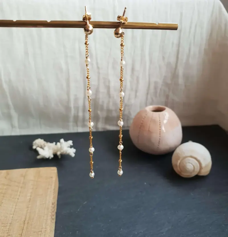 Boucles d'oreilles longues daphné Nacre Or Myo Jewel Made in France Nantes