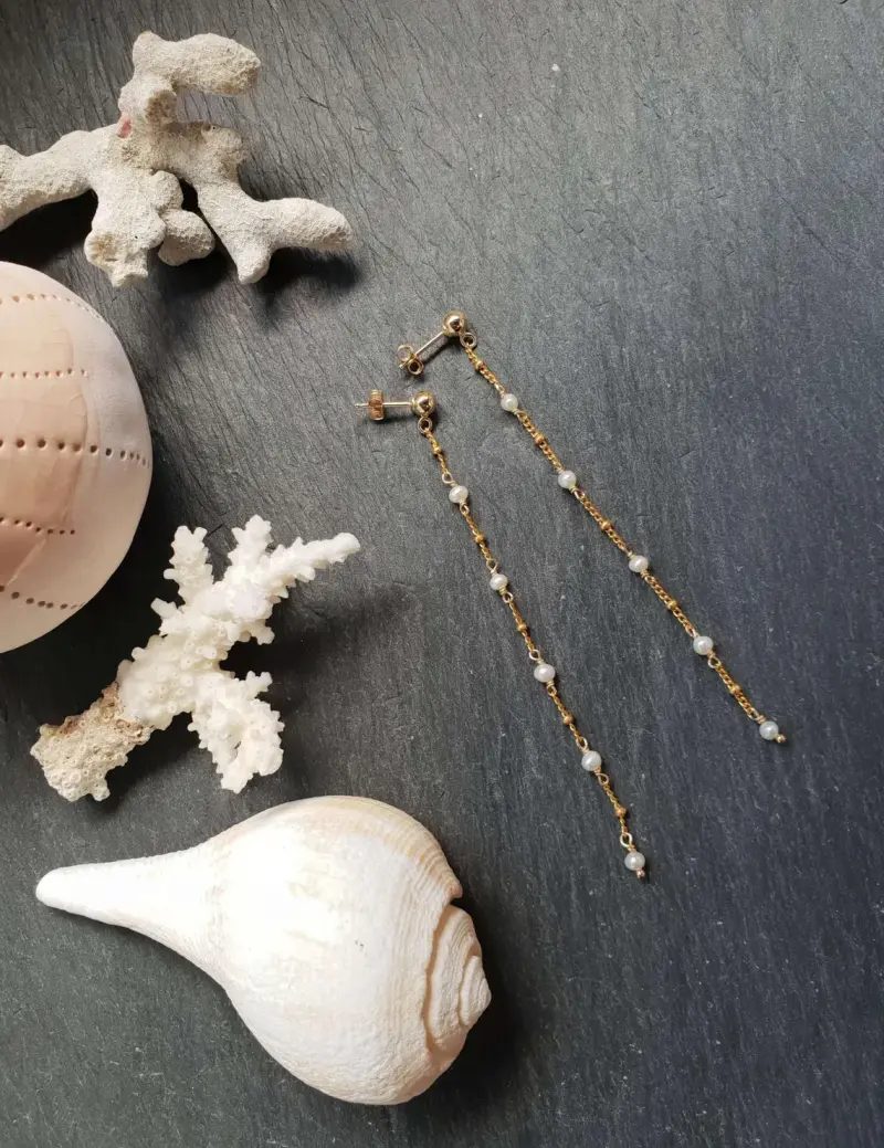 Boucles d'oreilles longues daphné Nacre Or Myo Jewel Made in France Nantes