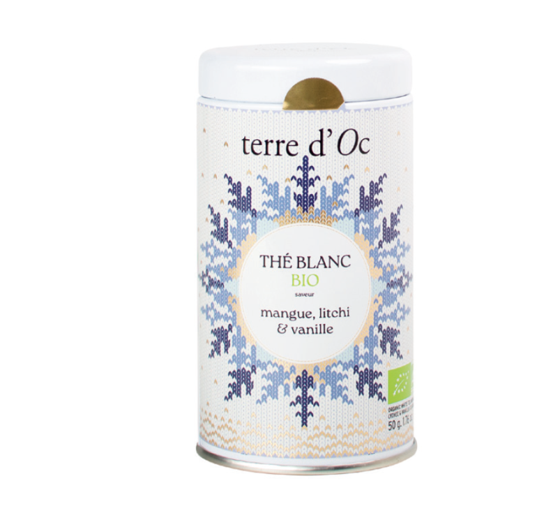 Thé blanc bio de Noël Mangue, litchi & vanille Terre d'Oc Made in France